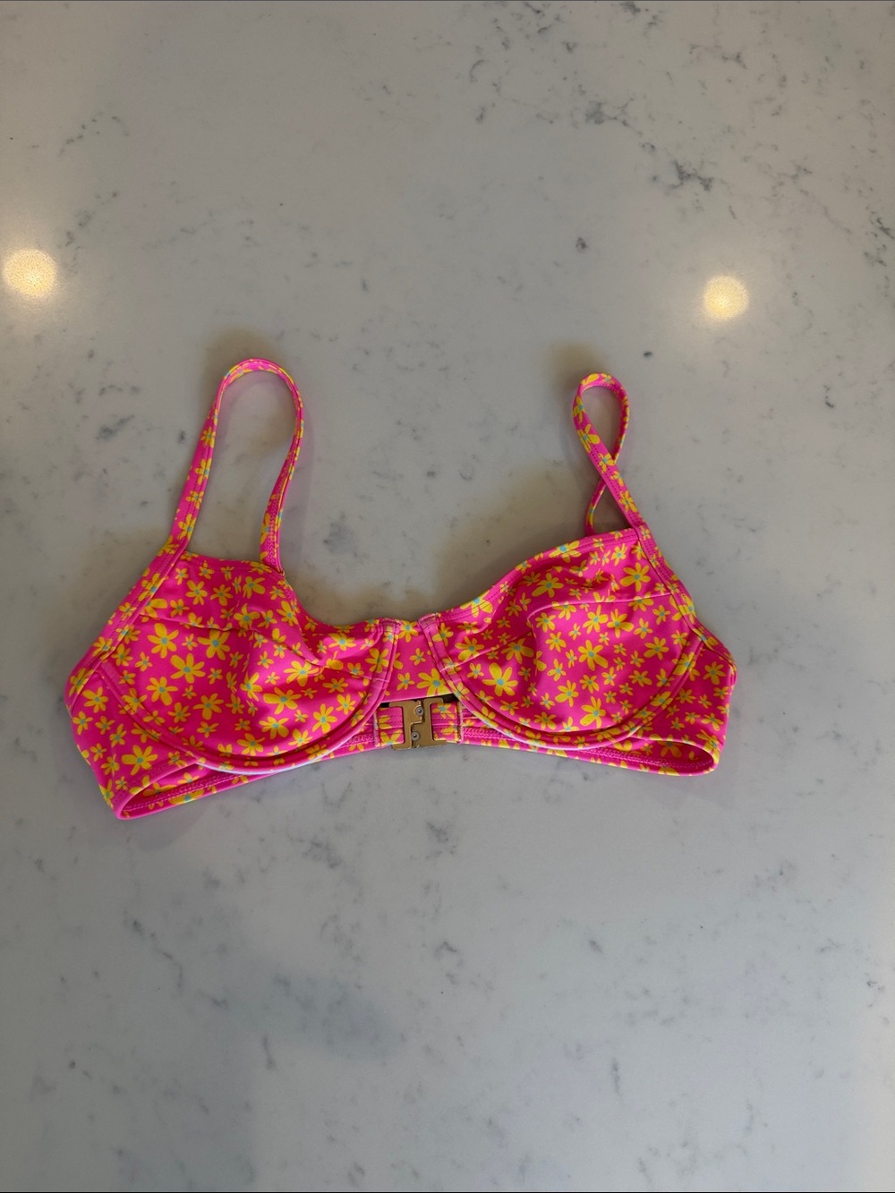 Kulani Kinis Hot Pink Bikini Top with Yellow Floral Print